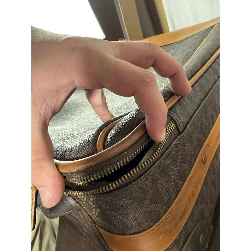 Vintage Michael Kors MK Monogram Rolling Carry-On Suitcase Faux Leather Brown